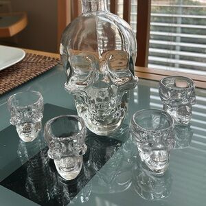 4  Skull shot glasses with skull head decanter